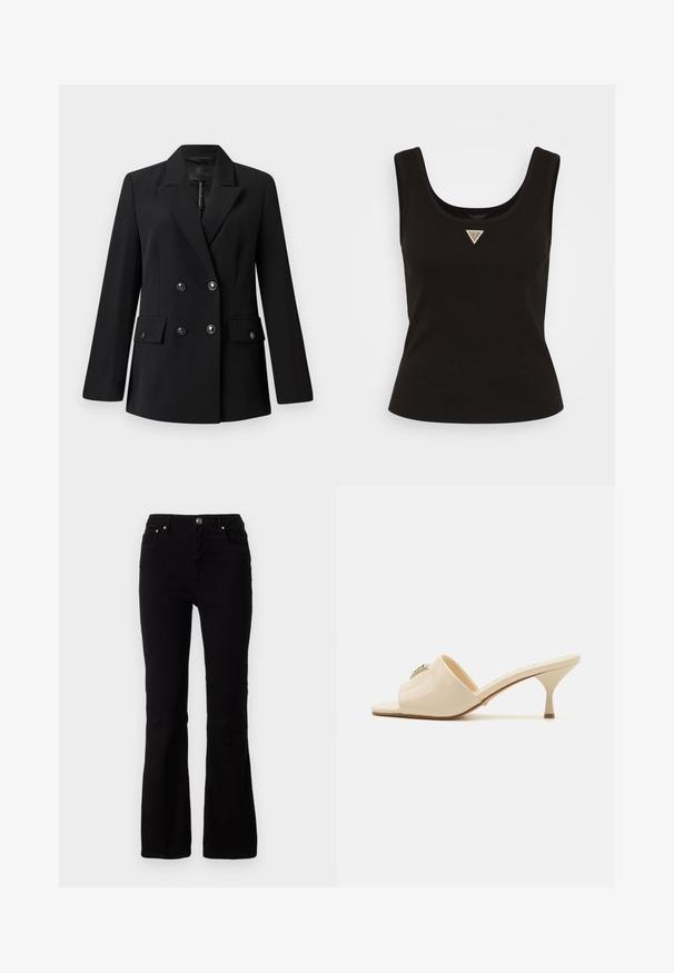 Čierny dvojradový blejzer vyrobený z hladkého materiálu, s ozdobným golierom, dvoma prednými vreckami a okrúhlymi čiernymi gombíkmi.; Čierny rebrovaný tielko s výstrihom do lodičky a malým trojuholníkovým logom so striebornými akcentmi v strede prednej časti. Fitted dizajn bez rukávov.; Čierne rozšírené džínsy vyrobené z pevnej bavlnenej tkaniny. Majú vysoký pás, predné vrecká a strieborné kovanie na gombíku a vreckách.; Béžové patentné kožené sandále s otvorenou špičkou a nízkym stiletto podpätkom. Obsahujú centrálny dekoračný prvok na vrchu. Hladký, lesklý povrch.