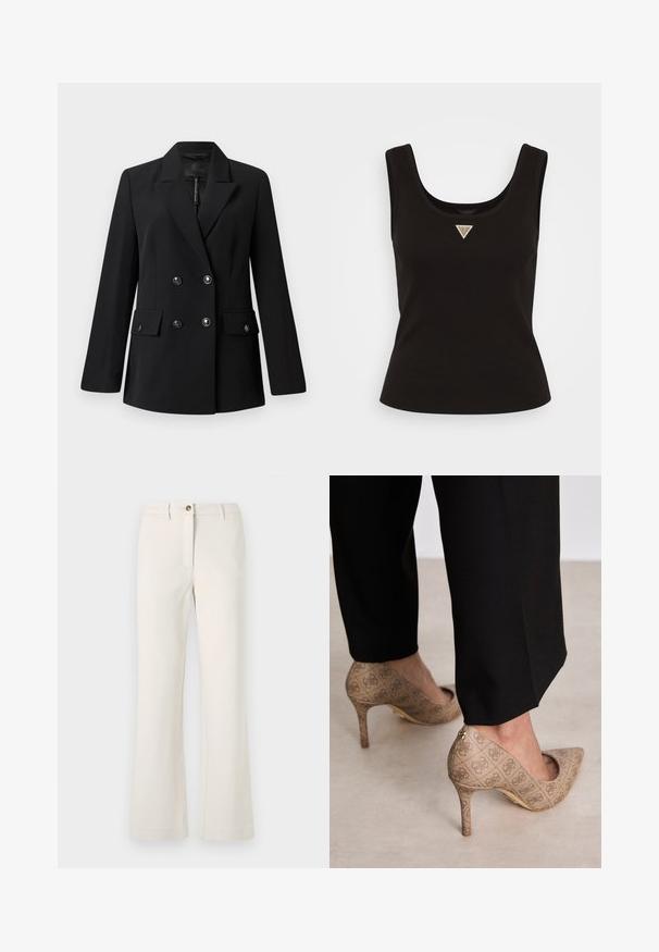 Zwarte dubbel-breasted blazer van zachte stof, met een geknipt kraag, twee voorzakken en ronde zwarte knopen.; Zwarte geribde tanktop met een ronde hals en een klein driehoekig logo in zilveren accenten aan de voorkant in het midden. Aansluitend ontwerp zonder mouwen.; Beige broek met een uitlopende pijpdesign, gemaakt van een soepele stof. Beschikt over een enkele knop en ritssluiting aan de voorkant met ceintuurlussen.; Beige hoge hakken met een gestructureerde stof met een herhalend patroon. Puntige neusontwerp met een achteraccent en gouden hakdetail.