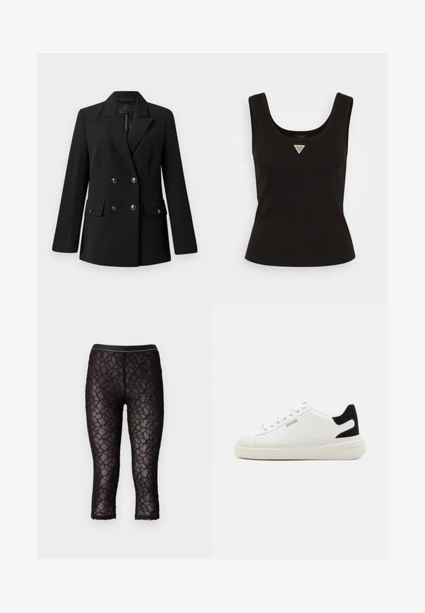 Blazer negru cu două rânduri de nasturi, fabricat dintr-un material neted, având guler cu colțuri, două buzunare frontale și nasturi rotunzi negri.; Top de rezervă negru cu dungi, cu guler rotunjit și un mic logo triunghiular cu accente argintii în față, la centru. Design ajustat, fără mâneci.; Pinko LIAM STRETCH - Leggings - nero limousine; Adidași din piele albă cu o talpă groasă albă, accent de călcâi din suede negru și logo embosat pe lateral. Design cu șireturi și șase orificii.