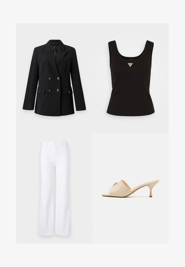 Czarna, dwurzędowa marynarka wykonana z gładkiego materiału, z klapami, dwoma przednimi kieszeniami oraz okrągłymi, czarnymi guzikami.; Czarny prążkowany top bez rękawów z okrągłym dekoltem i małym trójkątnym logo w srebrnych akcentach z przodu na środku. Dopasowany krój.; Białe dżinsy rozszerzane wykonane z denimu, z wysokim stanem, przednimi kieszeniami i zapięciem na guzik. Gładka tekstura i czyste linie.; Beżowe, lakierowane sandały mule z odkrytymi palcami i niskim, stiletto obcasem. Posiadają centralny dekoracyjny akcent na cholewce. Gładkie, błyszczące wykończenie.