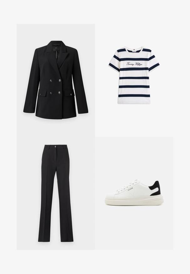 Blazer noir à double boutonnage avec un col à revers cranté, deux poches avant et des détails à boutons. Confectionné en tissu tissé lisse.; T-shirt en coton avec des rayures horizontales bleu marine sur un fond blanc. "Tommy Hilfiger" brodé en écriture cursive sur la poitrine. Encolure ras du cou.; Pantalons noirs ajustés avec une coupe droite. Comprend une fermeture à bouton, des passants de ceinture et une texture lisse et mate.; Baskets en cuir blanc avec une épaisse semelle blanche, un accent en daim noir au niveau du talon et un logo embossé sur le côté. Design à lacets avec six œillets.