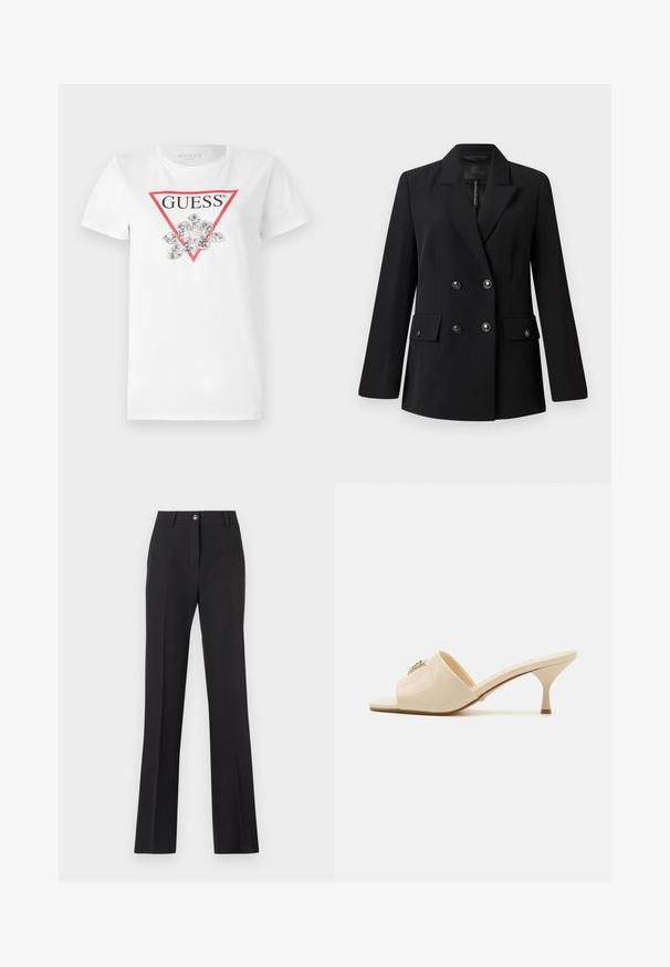Zwarte dubbel-breasted blazer van zachte stof, met een geknipt kraag, twee voorzakken en ronde zwarte knopen.; Witte t-shirt met een rood driehoekig logo met de tekst "GUESS", versierd met zilveren pailletten in de vorm van bloemen in het midden.; Zwarte, op maat gemaakte broek met een rechte pijpdesign. Beschikt over een knoopsluiting, riemlussen en een zachte, matte textuur.; Beige patent leather open-toe mule sandaal met een lage stilettohak. Kenmerken een centrale decoratieve accent op de bovenkant. Glad, glanzend afwerking.