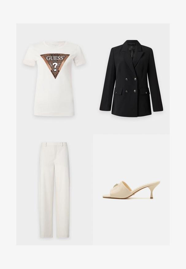 Blazer negro de doble botonadura, hecho de una tela suave, con cuello muesca, dos bolsillos frontales y botones redondos negros.; Camiseta de algodón blanca con un gran gráfico triangular en marrón y negro que presenta un diseño de ojal y el texto "GUESS U.S.A." en el centro.; Pantalones de un color beige claro, hechos de una tela suave, con un corte recto, frente plano, presillas para cinturón y bolsillos laterales.; Sandalia mule abierta de piel sintética beige con tacón stiletto bajo. Presenta un acento decorativo central en la parte superior. Acabado suave y brillante.