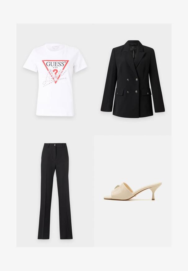 Musta kaksirivinen bleiseri, joka on valmistettu sileästä kankaasta. Tekstiilissä on merkitsevät kaulukset, kaksi etutaskua ja pyöreät mustat napit.; Valkoinen puuvillapaita, jossa on punainen kolmion muotoinen logo, jossa lukee "GUESS U.S.A." ja kysymysmerkki. Paidassa on kirkkaat strassit ja graafisia elementtejä.; musta, räätälöity suoralahkeinen housu. Varustettu napilla suljettavalla vyötäröllä, vyönlenkeillä ja sileällä, mattaisella pinnalla.; Beige patent leather open-toe mule sandal dengan tumit stiletto rendah. Memiliki aksen dekoratif di bagian atas. Permukaan halus dan mengkilap.