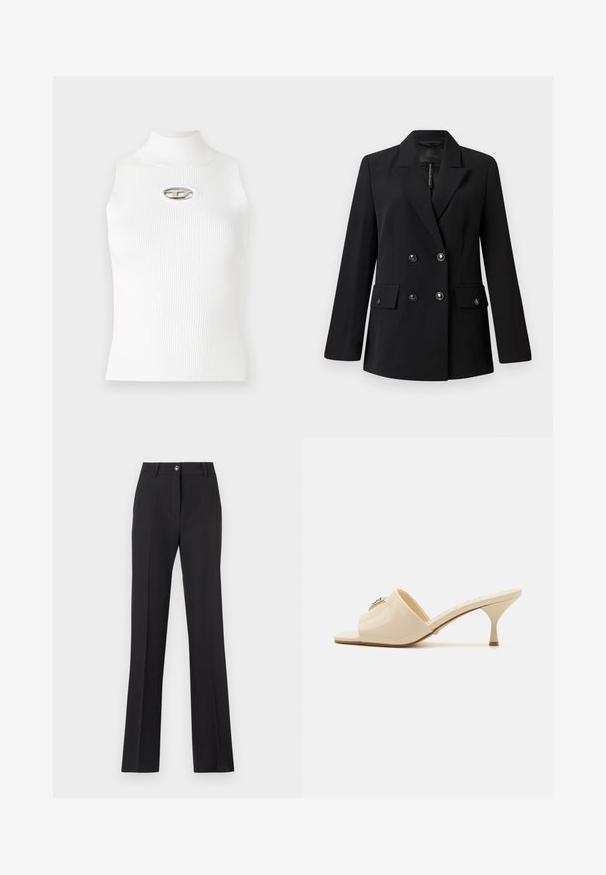 Blazer doppiopetto nero realizzato in tessuto liscio, con collo a risvolto, due tasche frontali e bottoni neri rotondi.; Top senza maniche bianco con colletto alto, texture a coste e un accento di logo metallico al centro. Tessuto liscio, design aderente.; Pantaloni neri sartoriali con un design a gamba dritta. Presentano una chiusura con bottone, passanti per cintura e una texture liscia e opaca.; Mule sandal aperto in pelle verniciata beige con tacco stiletto basso. Presenta un accento decorativo centrale sulla parte superiore. Finitura liscia e lucida.
