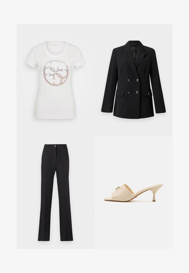 Czarna, dwurzędowa marynarka wykonana z gładkiego materiału, z klapami, dwoma przednimi kieszeniami oraz okrągłymi, czarnymi guzikami.; Biała koszulka z krótkim rękawem z okrągłym wzorem logo ozdobionym metalicznymi akcentami i rhinestones w gradientowym wzorze.; Czarne, dopasowane spodnie o prostym kroju. Posiadają zapięcie na guzik, szlufki na pasek oraz gładką, matową fakturę.; Beżowe, lakierowane sandały mule z odkrytymi palcami i niskim, stiletto obcasem. Posiadają centralny dekoracyjny akcent na cholewce. Gładkie, błyszczące wykończenie.