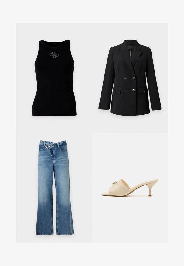Crni dvoredni sako od glatkog materijala, s oštrim ovratnikom, dva prednja džepa i okruglim crnim dugmadima.; Crna rebrasta majica bez rukava s okruglim izrezom i logom ukrašenim srebrnim zakovicama sprijeda. Mekani, rastezljivi materijal.; Svijetloplave traperice s izrezom i visokim strukom, s dva gumba i prednjim džepovima. Tkanina ima izblijeđenu teksturu s suptilnim varijacijama.; Bež sandale od lakirane kože sa otvorenim prstima i niskom štiklom. Imaju središnju dekorativnu akcentu na gornjem dijelu. Glatka, sjajna površina.