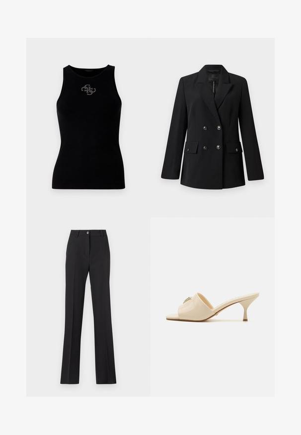 Blazer doppiopetto nero realizzato in tessuto liscio, con collo a risvolto, due tasche frontali e bottoni neri rotondi.; Top aderente nero a costine con scollatura rotonda e un logo decorato con borchie argentate sul davanti. Tessuto morbido e elasticizzato.; Pantaloni neri sartoriali con un design a gamba dritta. Presentano una chiusura con bottone, passanti per cintura e una texture liscia e opaca.; Mule sandal aperto in pelle verniciata beige con tacco stiletto basso. Presenta un accento decorativo centrale sulla parte superiore. Finitura liscia e lucida.