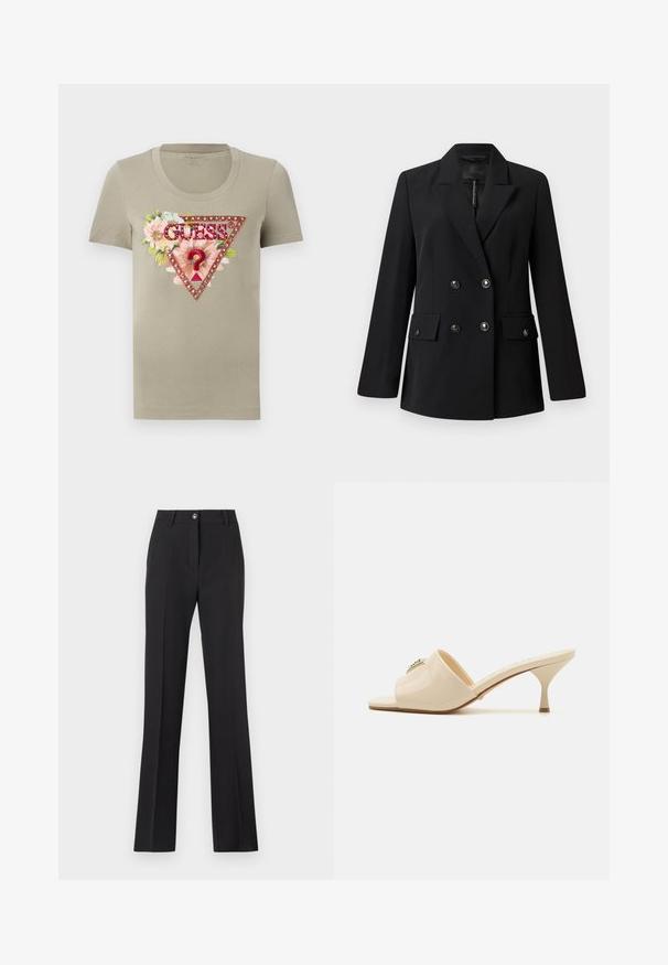 Zwarte dubbel-breasted blazer van zachte stof, met een geknipt kraag, twee voorzakken en ronde zwarte knopen.; Khaki katoenen t-shirt met een ronde hals, voorzien van een bloemig driehoekontwerp en het "GUESS"-logo versierd met rhinestones.; Zwarte, op maat gemaakte broek met een rechte pijpdesign. Beschikt over een knoopsluiting, riemlussen en een zachte, matte textuur.; Beige patent leather open-toe mule sandaal met een lage stilettohak. Kenmerken een centrale decoratieve accent op de bovenkant. Glad, glanzend afwerking.