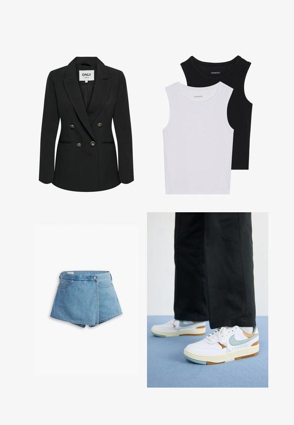 Blazer preto de dupla abotoadura, feito de tecido liso, com detalhes em botões dourados, gola com lapela e ajuste estruturado, com bolsos laterais.; Duas blusas sem mangas em preto e branco, feitas de algodão canelado, com decotes redondos e um design ajustado. Etiquetas visíveis em ambas.; Bermuda de ganga em azul claro, com um design envolvente, bolsos frontais e fecho com botão metálico. Textura suave com bordas cosidas.; Pessoa vestindo tênis Nike brancos, azul claro e marrons com cadarços brancos, calças pretas e meias brancas, em pé sobre um chão azul claro.