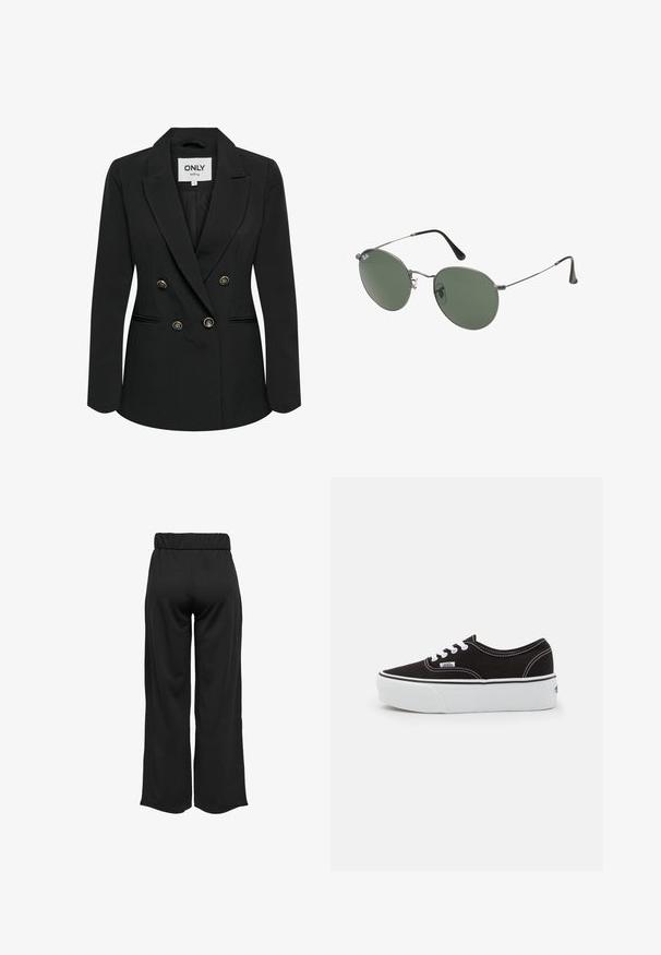 Svart dubbelknäppt blazer i slätt tyg, med detaljer i guldknappar, snedskuren krage och en skräddarsydd passform med sidofickor.; Tre långärmade tröjor staplade: svart, grå och vit. Var och en har en rund halsringning och en kort design med mjukt, lätt material.; Svarta, vida byxor med elastisk midja, tillverkade av en mjuk tyg. Har en ren design utan fickor eller synliga sömdetaljer.; Svart canvas-sneaker med vit gummi-plattformssula, med vita snören och sömmar, ikonisk logotyp på sidan, lågt snitt.; Metallinramade solglasögon med ovala gröna linser. Tunn silvermetallram och svarta öronpluggar. Minimalistisk design, inga synliga logotyper.