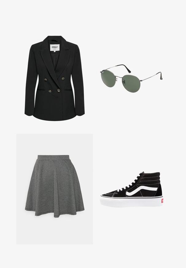 Blazer nero doppiopetto realizzato in tessuto liscio, con accenti di bottoni dorati, rever a punta e vestibilità sartoriale con tasche laterali.; Top corto a costine nero con scollatura rotonda e design senza maniche. Realizzato in tessuto morbido ed elastico, presenta bordi rifiniti con cura.; Gonna a pallini bianco e nera in stile skater con vita aderente e orlo svasato, realizzata in tessuto testurizzato che presenta un motivo classico.; Scarpe da ginnastica nere alte con lacci bianchi, un logo bianco e cuciture bianche a contrasto. Presentano una suola bianca spessa e una parte superiore in suede textured.; Occhiali da sole con montatura in metallo e lenti verdi ovali. Montatura sottile in metallo argento e terminali neri. Design minimalista, senza loghi visibili.