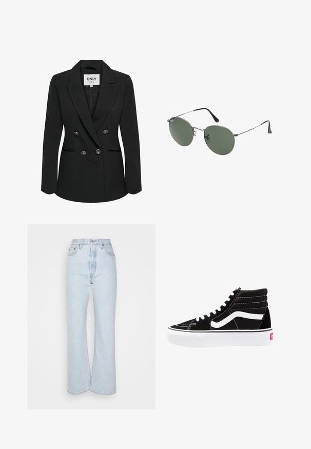 Double-breasted black blazer made of smooth fabric, featuring gold button accents, a notched lapel, and tailored fit with side pockets.; Black ribbed crop tank top with a round neckline and sleeveless design. Made from soft, stretchy fabric, featuring clean hemmed edges.; Light blue high-waisted jeans with flared legs, crafted from denim with a faded texture. Features five pockets and metal hardware accents.; Black high-top sneakers with white laces, a white logo, and contrasting white stitching. Features a thick white sole and textured suede upper.; Metal-framed sunglasses with oval green lenses. Thin silver metal frame and black ear tips. Minimalist design, no visible logos.