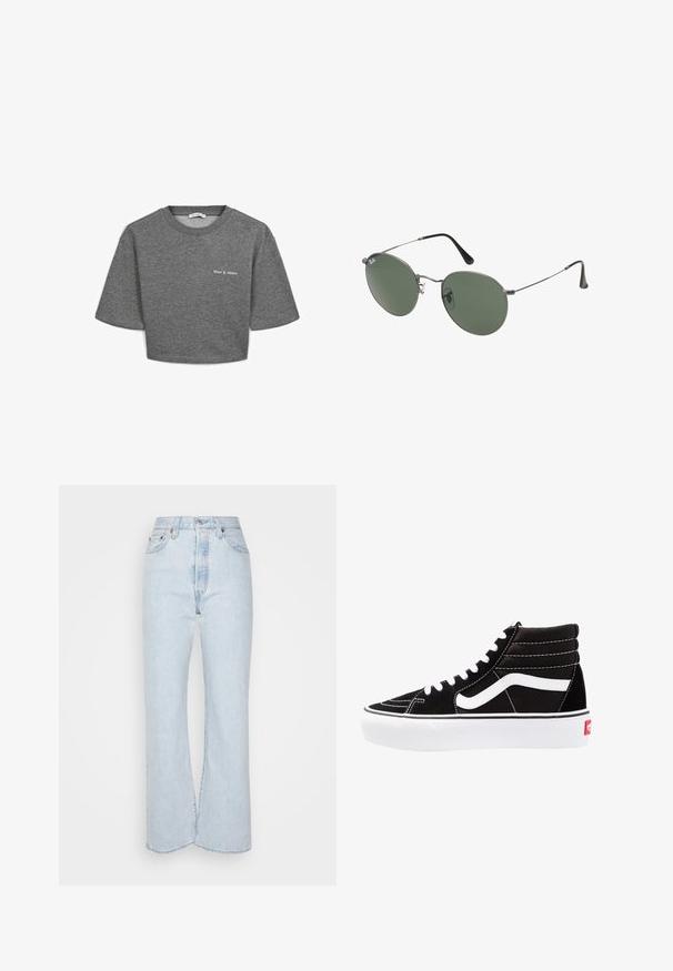 Blazer nero doppiopetto realizzato in tessuto liscio, con accenti di bottoni dorati, rever a punta e vestibilità sartoriale con tasche laterali.; Maglietta grigia cropped realizzata in tessuto morbido, con maniche corte e collo rotondo. Il testo frontale dice "Rise & Shine" in bianco.; Jeans a vita alta di colore blu chiaro con gambe svasate, realizzati in denim con una texture sbiadita. Presentano cinque tasche e dettagli in metallo.; Scarpe da ginnastica nere alte con lacci bianchi, un logo bianco e cuciture bianche a contrasto. Presentano una suola bianca spessa e una parte superiore in suede textured.; Occhiali da sole con montatura in metallo e lenti verdi ovali. Montatura sottile in metallo argento e terminali neri. Design minimalista, senza loghi visibili.