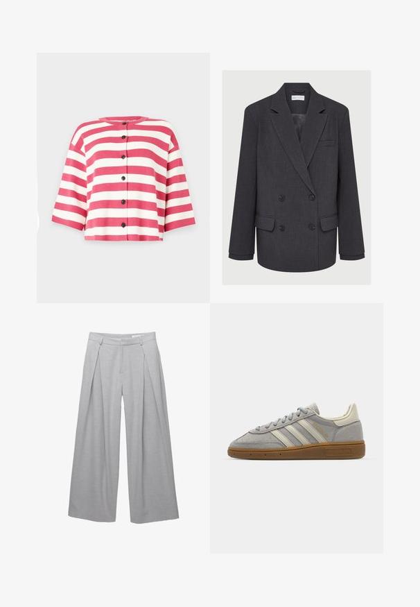 Szürke, dupla mellényes blézer lejjebb vágott hajtókával, két elülső zsebbel és texturált anyaggal. Fekete gombokkal és sima belső béléssel rendelkezik.; Rövid ujjú kardigán rózsaszín és fehér vízszintes csíkokkal, kerek nyakkivágással és öt fekete gombbal az elején.; Fehér, hosszú ujjú felső, kerek nyakkal. Feszes fazon, sima anyagtextúra és enyhén cropped szabás jellemzi.; Világosszürke, bő szárú nadrág, texturált anyagból készült, elöl pliszírozott, övhurkokkal és fazonbetétes derékkal. Nincs látható záródás.; Szürke velúr sportcipők világosszürke bőr csíkkal és gumi talppal. Jellemzői közé tartozik a fűzős záródás és a diszkrét logó a nyelvén.