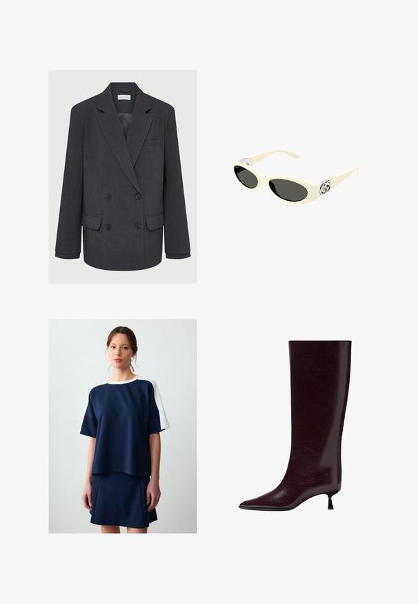 Blazer gris croisé avec revers crantés, deux poches avant et tissu texturé. Présente des boutons noirs et une doublure intérieure lisse.; Pull crème avec un col festonné et des accents en perles argentées. Fabriqué à partir d'un tissu texturé et doux. Dispose de manches longues et d'une coupe décontractée.; Haut décontracté bleu marine avec des accents blancs sur les épaules, à manches courtes et à coupe décontractée, associé à une jupe slim assortie. Texture lisse.; Botte en cuir bordeaux montée jusqu'au genou avec une finition lisse et texturée, un bout pointu et un talon fin empilé pour un supplément de hauteur.; Lunettes de soleil couleur crème avec des verres ovales, teinte noire et accents de logo métallique au niveau des tempes. Texture lisse, design œil de chat.