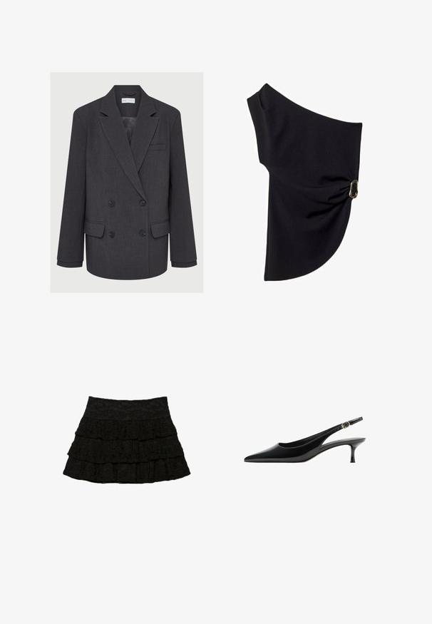 Blazer gris croisé avec revers crantés, deux poches avant et tissu texturé. Présente des boutons noirs et une doublure intérieure lisse.; Haut asymétrique noir en tissu lisse, avec un design froncé et un accent en métal doré d'un côté.; Jupe noire à plusieurs niveaux comprenant trois couches de volants avec un motif floral texturé. Taille élastique pour le confort et l'ajustement.; Talons aiguilles en vernis noir avec un bout pointu, un talon élancé et une accentuation de boucle sur la sangle. Texture lisse et design élégant.