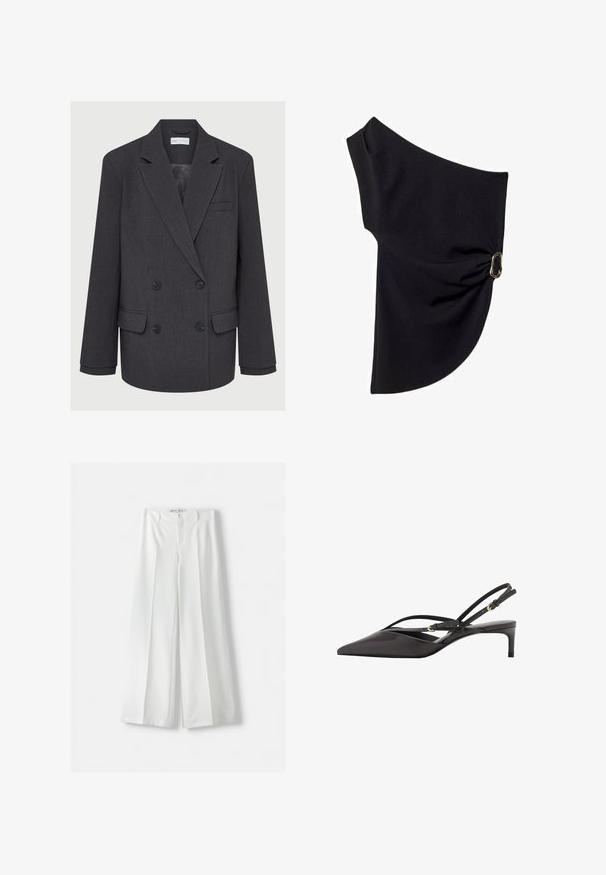 Siva dvoredna blazer jopica z žepi, z dvema sprednjima žepoma in teksturirano tkanino. Ima črne gumbe in gladko notranjo podlogo.; Asimetrična črna majica iz gladkega materiala, ki ima nabran dizajn s poudarkom iz zlatotone kovine na eni strani.; Bershka WIDE-LEG TAILORED - Hlače - white; Črne usnjene slingback čevlje s koničastim nosom, vitkimi gležnjastimi trakovi in nizkim stiletto peto. Gladka tekstura z minimalističnim dizajnom.