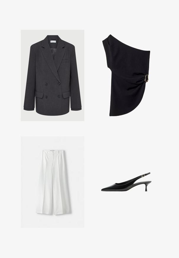 Szary dwurzędowy blezer z wyłogami, dwoma przednimi kieszeniami i teksturowanym materiałem. Posiada czarne guziki i gładką podszewkę.; Asymetryczna czarna bluzka wykonana z gładkiego materiału, z marszczonym wzorem i akcentem z złotego metalu z jednej strony.; Bershka WIDE biały; Czarne lakierowane czółenka na odkrytej pięcie z ostro zakończonym noskiem, smukłym obcasem i akcentem w postaci klamry na pasku. Gładka faktura i elegancki design.
