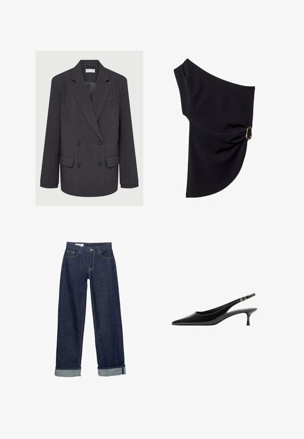 Blazer grigio doppiopetto con rever a punta, due tasche frontali e tessuto testurizzato. Presenta bottoni neri e una fodera interna liscia.; Top asimmetrico nero realizzato in tessuto liscio, con un design arricciato e un elemento in metallo color oro su un lato.; Jeans in denim blu scuro con design a gamba larga, presentano un orlo ripiegato e un classico stile a cinque tasche. Rifiniti con dettagli di cucitura dorati.; Tacchi slingback neri in vernice con punta affusolata, tacco sottile e dettaglio a fibbia sulla cinghia. Texture liscia e design elegante.