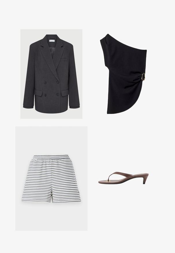 Blazer grigio doppiopetto con rever a punta, due tasche frontali e tessuto testurizzato. Presenta bottoni neri e una fodera interna liscia.; Top asimmetrico nero realizzato in tessuto liscio, con un design arricciato e un elemento in metallo color oro su un lato.; Pantaloni corti a righe con una combinazione di colori bianco e blu navy, vita elastica, materiale in cotone morbido e vestibilità rilassata.; Infradito con tacco marroni, dotati di una fascia sottile e un puntale arrotondato, con un piccolo dettaglio dorato sulla soletta.