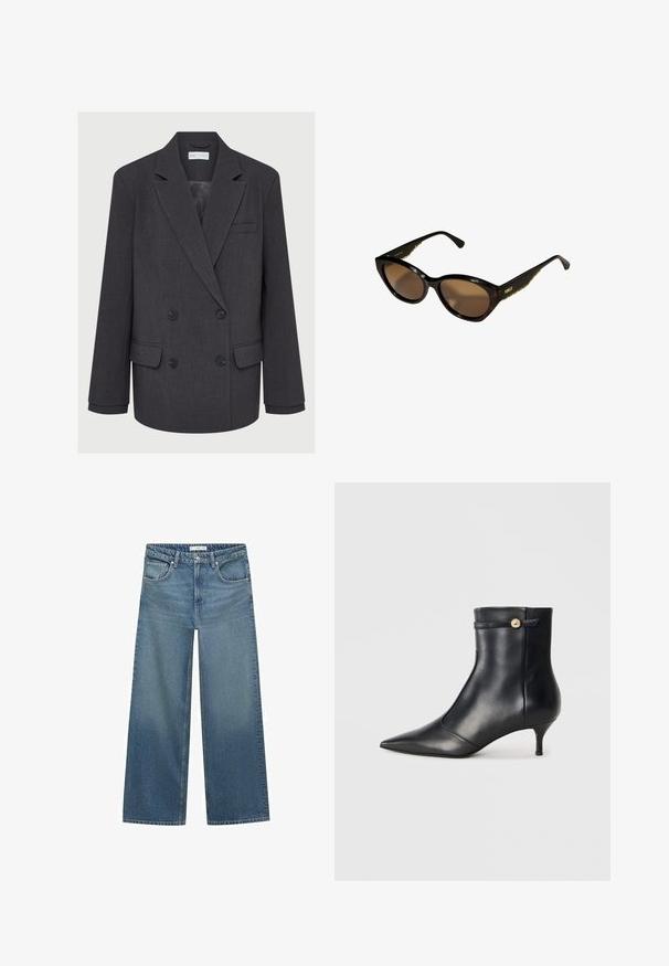 Grauer zweireihiger Blazer mit Reverskragen, zwei vorderen Taschen und strukturiertem Stoff. Verfügt über schwarze Knöpfe und ein glattes Innenfutter.; Schwarzes Camisole mit verstellbaren Trägern, schillerndem Ausschnitt und aufwendiger schwarzer Spitzenborte am oberen Rand. Glattes, satinähnliches Material.; Helleblaue weit geschnittene Jeans aus Denim mit mittelhoher Taille, zwei Fronttaschen und klassischen Nähten.; Schwarze Leder-Ankle-Boots mit spitzer Zehenform und kleinem, verjüngtem Absatz. Mit einem dekorativen Riemen und einem goldenen Knopf-Element. Glatte Textur.; Schwarze Cat-Eye-Sonnenbrille mit braunen Gläsern. Strukturiertes goldfarbenes Zubehör an den Bügeln. Glatter Kunststoffrahmen mit glänzender Oberfläche.