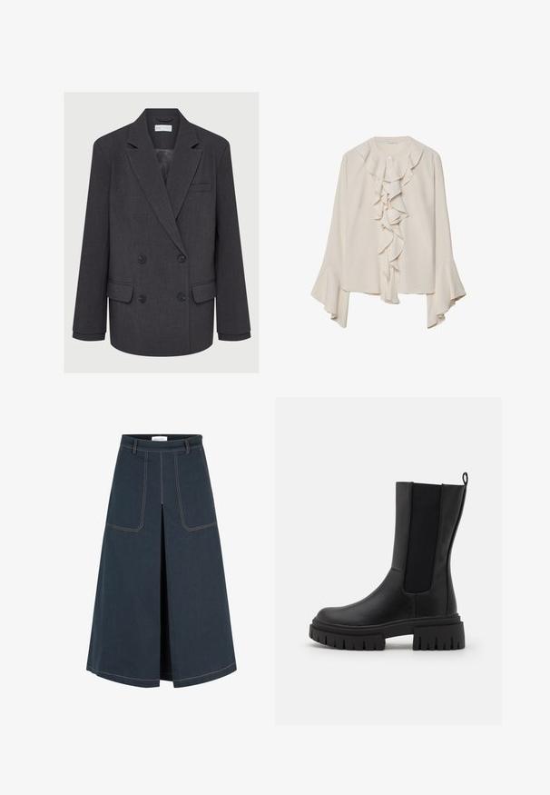 Sivi dvoredni sako s revere ovratnikom, dva prednja džepa i teksturiranom tkaninom. Ima crne dugmadi i glatku unutarnju podstavu.; Kremasta bluzica dugih rukava s kaskadnim volanima sprijeda, kopčanje na dugmad, okrugli izrez i rašireni manžeti.; Tamni traper suknja ravnog kroja s dva prednja đepa i prorezom sprijeda. Ima kontrastnu narančastu šavovu obrubu.; Crne čizme do gležnja izrađene od kože s teksturiranom površinom, elastičnim bočnim panelima i debelim, rebrastim potplatom za dodatno prianjanje.