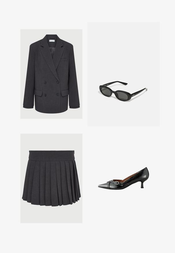 Siva dvoredna blazer jopica z žepi, z dvema sprednjima žepoma in teksturirano tkanino. Ima črne gumbe in gladko notranjo podlogo.; Bela dolgimi rokavi srajca z gumbi in koničastim ovratnikom ter nabranimi manšetami, prikazana na enobarvni beli podlagi.; Siva plisirana krila z ravnim pasom in zadrgo, narejena iz strukturnega blaga, z enakomerno razporejenimi globokimi plisami.; Črne usnjene visokotlačne čevlje s koničastim nosom, okrasno sponko in detajli traku ter oblikovano peto. Gladka tekstura po vsej površini.; Črne sončne očala z ovalnimi lečami, sijajnim plastičnim okvirjem in tankimi ročaji. Na strani se nahaja belo logotip Ray-Ban.; Metalni prstan z gladko, sijočo zunanjostjo in teksturirano, vzorčeno notranjostjo. Krožna oblika z rahlim odprtjem na eni strani.