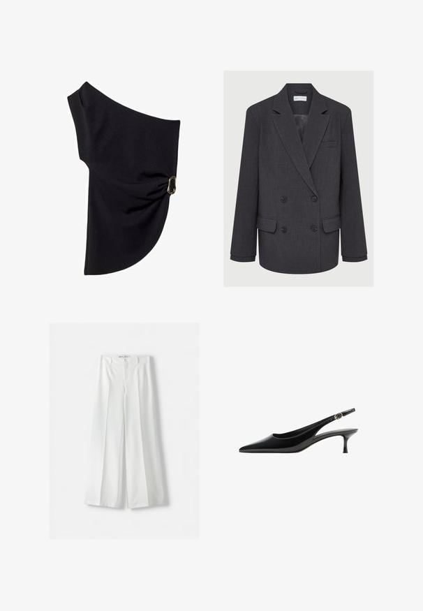 Harmaa kaksirivinen bleiseri, jossa on hapsulliset kaulukset, kaksi etutaskua ja teksturoitu kangas. Varustettu mustilla nappeilla ja sileällä vuorella.; Epämuodollinen musta toppi, joka on valmistettu sileästä kankaasta. Tässä on poimutettu muotoilu ja kultasävyinen varustesävy yhdellä puolella.; Bershka WIDE-LEG TAILORED - Housut - white; Musta lakattu slingback-kengät, joissa on teräväkärkinen muoto, hoikka korko ja solkiyksityiskohta nauhassa. Sileä pinta ja tyylikäs muotoilu.