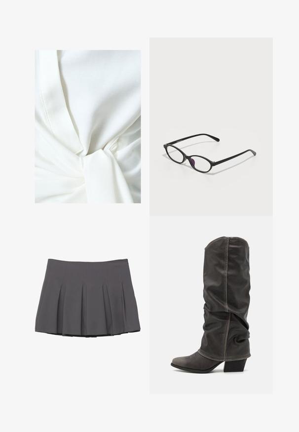 Grauer zweireihiger Blazer mit Reverskragen, zwei vorderen Taschen und strukturiertem Stoff. Verfügt über schwarze Knöpfe und ein glattes Innenfutter.; Weißes Oberteil aus Stoff mit einem Knoten-Detail an der Taille, das eine glatte Textur und ein leichtes, drapiertes Design aufweist. Die Nahtnähte sind sichtbar.; Grauer gefalteter Rock mit glatter Textur, der gestickte Details und einen taillierten Bund aufweist und in einer Länge bis zur Mitte des Oberschenkels abschließt.; Graue Lederstiefel bis zur Wade mit einem lässigen Design, spitzer Zehenform und gestapelt Hohem Absatz. Auffällige Nähte im Bereich der Zehen.; Schwarze Kunststoffbrille mit ovaler Form, ausgestattet mit klaren Gläsern und einem lila Akzent auf dem linken Glas. Elegantes, minimalistisches Design.