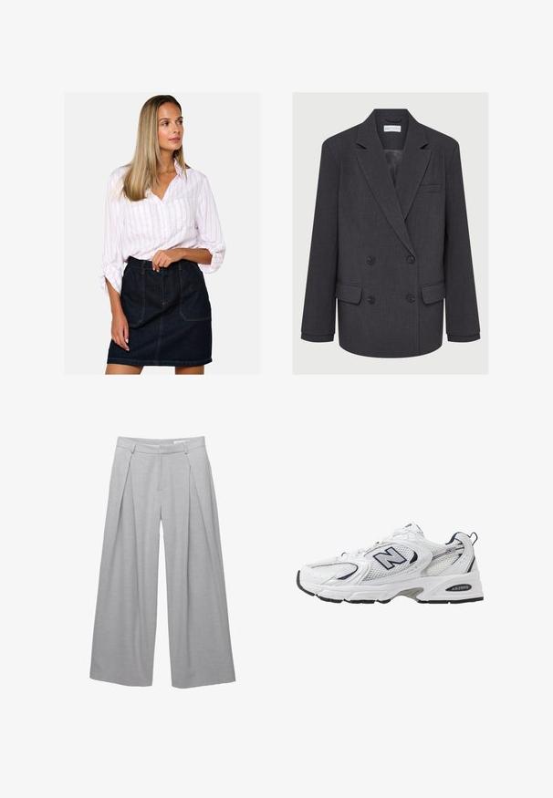 Gray double-breasted blazer with notched lapels, two front pockets, and textured fabric. Features black buttons and a smooth inner lining.; White button-up shirt with pink stripes, paired with a high-waisted dark denim skirt featuring front pockets and visible stitching details.; Light gray wide-leg trousers, made from textured fabric, featuring front pleats, belt loops, and a tailored waist. No visible closures.; White athletic shoe with mesh upper, navy accents, and cushioned sole. Features "N" logo, laces, and textured detail on side.