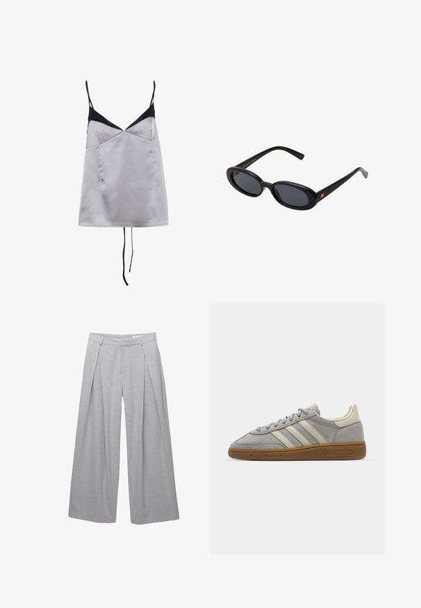 Sivi dvoredni sako s revere ovratnikom, dva prednja džepa i teksturiranom tkaninom. Ima crne dugmadi i glatku unutarnju podstavu.; Satin čipkasta košulja u svijetlosivoj boji s crnim detaljima i tankim naramenicama. Ima V-izrez, glatku teksturu i opušteni kroj.; Svijetlo siva široka hlača, izrađena od teksturirane tkanine, s prednjim nabora, petljama za remen i krojenim strukom. Nema vidljivih kopčanja.; Sive suede tenisice s svijetlosivim kožnim prugama i gumiranim potplatom. Značajke uključuju vezanje na vezice i suptilno brendiranje na jeziku.; Crne velike sunčane naočale s ovalnim staklima, glatkim plastičnim okvirom i zlatnim detaljima na sljepočnicama. Tamna stakla pružaju zaštitu od sunca.