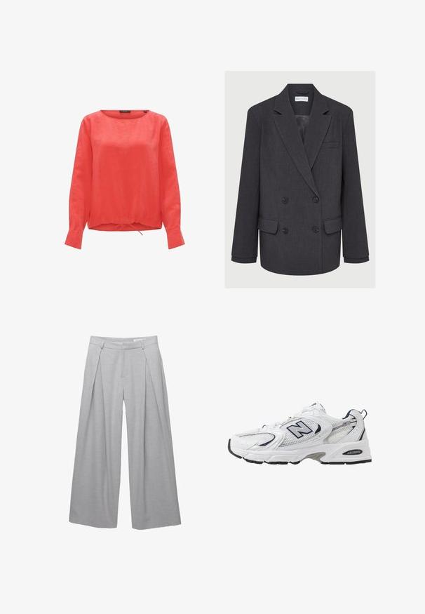 Blazer grigio doppiopetto con rever a punta, due tasche frontali e tessuto testurizzato. Presenta bottoni neri e una fodera interna liscia.; Blusa di lino rossa con scollo rotondo, maniche lunghe e dettaglio della parte inferiore a cordoncino arricciato. Texture liscia senza motivi o accenti visibili.; Pantaloni a gamba larga grigio chiaro, realizzati in tessuto texturizzato, con pieghe frontali, passanti per cintura e vita sagomata. Senza chiusure visibili.; Scarpa sportiva bianca con tomaia in mesh, dettagli in blu marino e suola imbottita. Presenta il logo "N", lacci e dettaglio texturizzato sul lato.