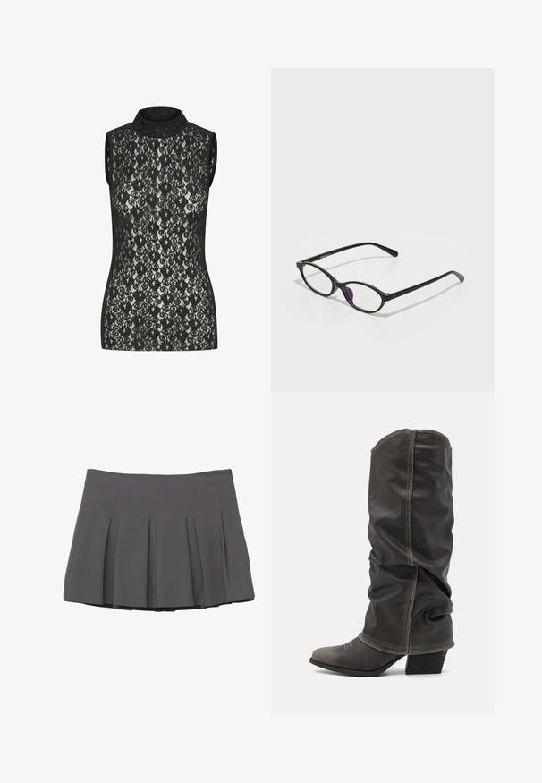 Grå dobbeltradet blazer med klapkrave, to forlommer og tekstureret stof. Har sorte knapper og en glat inderside.; Sort blonde-lace ærmeløs top med høj hals, der har et indviklet blomstermønster og en tætsiddende pasform. Let glans synlig på stoffet.; Grå plisseret nederdel med en glat tekstur, der har syede detaljer og en tætsiddende talje, der slutter ved midt-lår længde.; Grå læder støvler op til læggen med et slouchy design, spidse tæer og stablet hæl. Bemærkelsesværdig syning detalje ved tåområdet.; Sorte plastiske briller med oval form, der har klare linser og en lilla accent på venstre linse. Elegant, minimalistisk design.