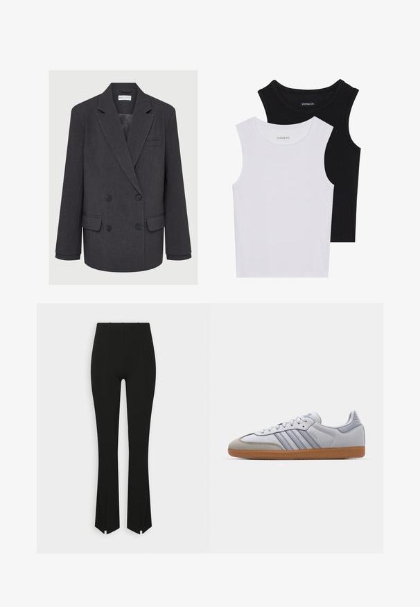 Gray double-breasted blazer with notched lapels, two front pockets, and textured fabric. Features black buttons and a smooth inner lining.; Two sleeveless tops in black and white, made of ribbed cotton, featuring round necklines and a fitted design. Labels visible on both.; Black flared pants with a ribbed texture, featuring side slits at the hem and a high-waisted design. Smooth fabric with no visible embellishments.; White leather sneakers with light blue accents, grey suede toe, and a brown rubber sole. Features three blue stripes and "Samba" branding.