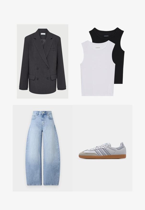 Szürke, dupla mellényes blézer lejjebb vágott hajtókával, két elülső zsebbel és texturált anyaggal. Fekete gombokkal és sima belső béléssel rendelkezik.; Két ujjatlan felső fekete és fehér színben, bordás pamutból készült, kerek nyakkivágással és testhez simuló fazonnal. Mindkettőn látható címke.; Fénykék, bő szárú farmernadrág. Magas derekú kialakítás, öt zseb és gombos záródás. Tiszta fazon, látható minták nélkül.; Fehér bőr sportcipők világoskék részletekkel, szürke velúr orral és barna gumitalppal. Három kék csíkkal és "Samba" felirattal rendelkezik.