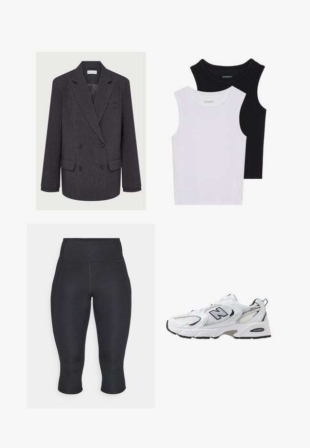 Szürke, dupla mellényes blézer lejjebb vágott hajtókával, két elülső zsebbel és texturált anyaggal. Fekete gombokkal és sima belső béléssel rendelkezik.; Két ujjatlan felső fekete és fehér színben, bordás pamutból készült, kerek nyakkivágással és testhez simuló fazonnal. Mindkettőn látható címke.; Fekete capri leggings rugalmas anyagból. Magas derekú kialakítás oldalsó varrásokkal és befejezett szegéllyel, sima textúrájú, látható minták nélkül.; Fehér sportcipő hálós felsőrészével, sötétkék kiegészítőkkel és párnázott talppal. Jellemzője az "N" logó, a fűzők és a textúrázott részlet az oldalon.