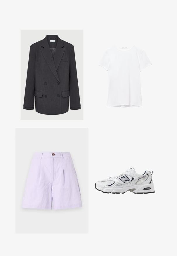 Sivý dvojradový blazer s výstrihom do "notched lapels", dvoma prednými vreckami a textúrovanou látkou. Obsahuje čierne gombíky a hladkú vnútornú podšívku.; Biela tričká s krátkym rukávom vyrobené z hladkej tkaniny, s okrúhlym výstrihom a jemnými švami na leme.; Svetlofialové šortky vyrobené z ľahkého materiálu s plisovaným predným dielom, zapínaním na gombík, pútkami na opasok a bočnými vreckami. Čisté okraje a klasický dizajn.; Biele športové topánky s priedušným vrchným materiálom, námorníckymi akcentmi a polstrovanou podrážkou. Obsahujú logo "N", šnúrky a textúrovaný detail na boku.