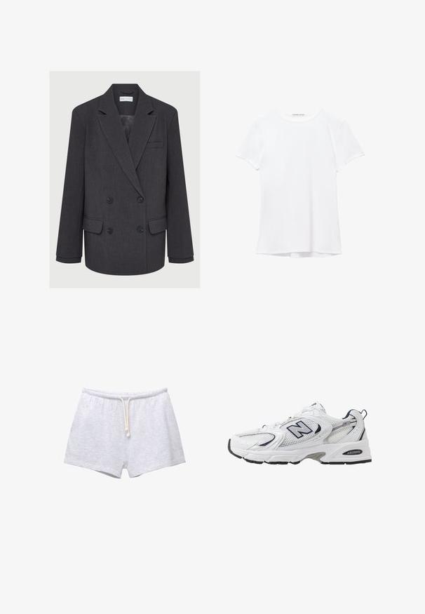 Grå dobbeltradet blazer med klapkrave, to forlommer og tekstureret stof. Har sorte knapper og en glat inderside.; Hvid kortærmet t-shirt lavet af glat stof, med rund halsudskæring og diskrete syninger ved kanten.; Grå bomuldsshorts med elastisk talje og snøre. Glat tekstur og enkelt design, uden mønstre eller accenter.; Hvide sportsko med netoverdel, marineblå detaljer og polstret sål. Har "N" logo, snørebånd og struktureret detalje på siden.