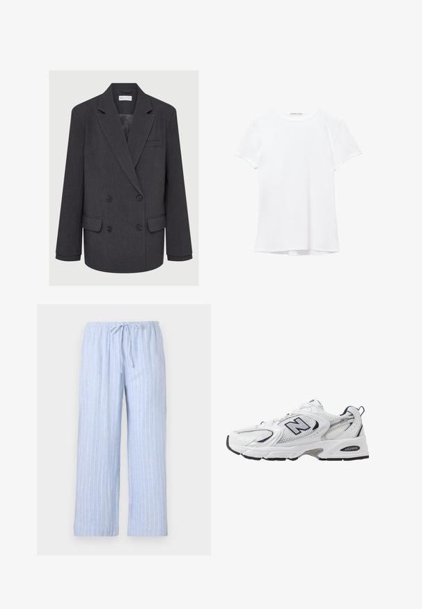 Sacou gri cu două rânduri de butoane, cu rever notchetat, două buzunare frontale și țesătură texturată. Prezintă butoane negre și o căptușeală interioară netedă.; Cămașă albă cu mânecă scurtă dintr-un material neted, cu guler rotund și detalii discrete de cusătură la tiv.; Pantaloni de pijama de culoare albastru deschis cu dungi verticale albe, dintr-un material moale, dotati cu un brau elastic si un snur ajustabil.; Shoe sportiv alb cu parte superioară din plasă, accente bleumarin și talpă amortizată. Are logo-ul "N", șireturi și detalii texturate pe lateral.