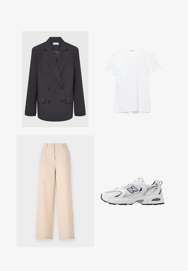 Siva dvoredna blazer jopica z žepi, z dvema sprednjima žepoma in teksturirano tkanino. Ima črne gumbe in gladko notranjo podlogo.; Bela kratka majica s kratkimi rokavi iz gladkega materiala, ki ima okroglo ovratnico in subtilne šive na robu.; Bež hlače širokega kroja z gumbnim zapiranjem, zankami za pas in gladkim materialom. Imajo prilagojen dizajn in naravnost krojene noge za sproščen fit.; Bele športne copate z mrežasto zgornjimi deli, mornarskimi naglasnimi barvami in oblazinjeno podplatom. Vključujejo logotip "N", vezalke in teksturirane detajle na strani.