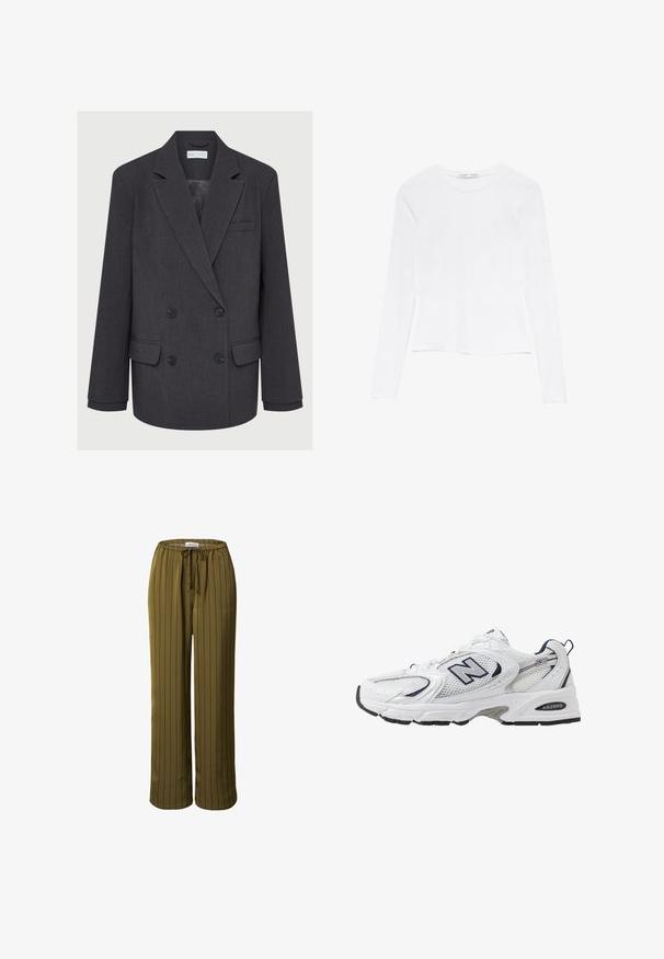 Grauer zweireihiger Blazer mit Reverskragen, zwei vorderen Taschen und strukturiertem Stoff. Verfügt über schwarze Knöpfe und ein glattes Innenfutter.; Weißes Langarmoberteil mit Rundhalsausschnitt. Hat ein enganliegendes Design, eine glatte Stoffoberfläche und einen leicht gekürzten Saum.; Olivgrüne weite Hosen mit vertikalen schwarzen Streifen, aus glattem Stoff, mit einem elastischen Bund und verstellbarem Kordelzug.; Weißer Sportschuh mit Mesh-Obermaterial, navyblauen Akzenten und gepolsterter Sohle. Verfügt über das "N"-Logo, Schnürsenkel und eine strukturierte Detailverarbeitung an der Seite.