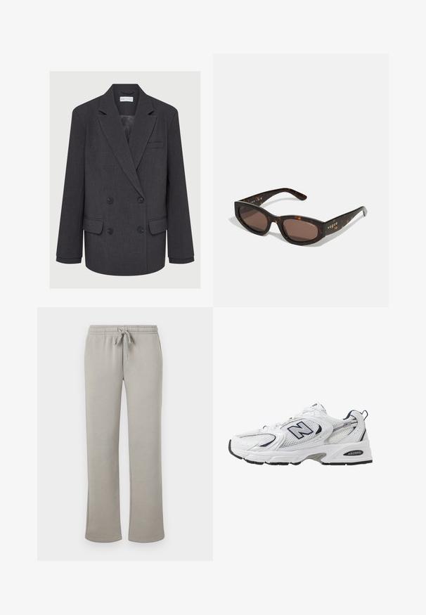 Grauer zweireihiger Blazer mit Reverskragen, zwei vorderen Taschen und strukturiertem Stoff. Verfügt über schwarze Knöpfe und ein glattes Innenfutter.; Weißes Langarmoberteil mit Rundhalsausschnitt. Hat ein enganliegendes Design, eine glatte Stoffoberfläche und einen leicht gekürzten Saum.; Hellgraue Jogginghosen aus einem weichen Baumwollgemisch mit elastischem Bund und verstellbarem Kordelzug sowie geraden Beinen.; Weißer Sportschuh mit Mesh-Obermaterial, navyblauen Akzenten und gepolsterter Sohle. Verfügt über das "N"-Logo, Schnürsenkel und eine strukturierte Detailverarbeitung an der Seite.; Braune Schildpatt-Sonnenbrille mit rechteckiger Form, dunklen braunen Gläsern und goldener "Vogue"-Markierung an den Bügeln.