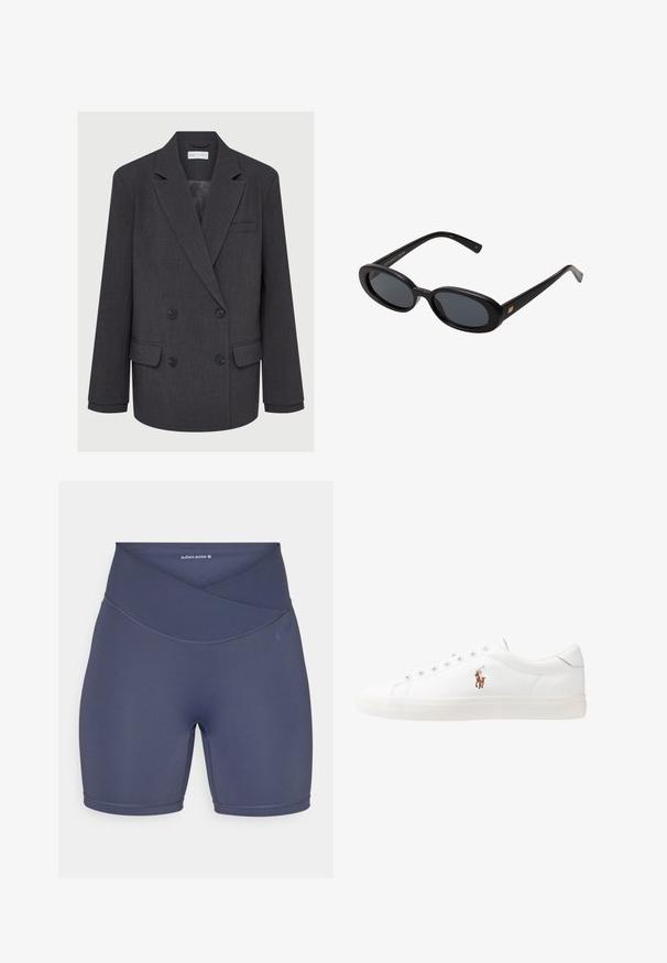 Szürke, dupla mellényes blézer lejjebb vágott hajtókával, két elülső zsebbel és texturált anyaggal. Fekete gombokkal és sima belső béléssel rendelkezik.; Fehér, hosszú ujjú felső, kerek nyakkal. Feszes fazon, sima anyagtextúra és enyhén cropped szabás jellemzi.; Tengerészkék, magas derekú, elasztikus anyagból készült sort, átk crossover derék dizájnnal és lapos varrásokkal a kényelemért.; Fehér bőr sportcipők, alacsony fazonban, sima textúrával, kerek orral, fűzős előlappal és egy kis hímezett logóval az oldalon.; Fekete, oversize napszemüveg ovális lencsékkel, sima műanyag kerettel és arany részletekkel a fülpánton. Sötét lencséi védelmet nyújtanak a napfény ellen.