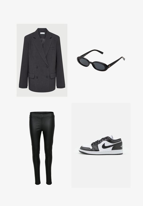 Grauer zweireihiger Blazer mit Reverskragen, zwei vorderen Taschen und strukturiertem Stoff. Verfügt über schwarze Knöpfe und ein glattes Innenfutter.; Weißes Langarmoberteil mit Rundhalsausschnitt. Hat ein enganliegendes Design, eine glatte Stoffoberfläche und einen leicht gekürzten Saum.; Schwarze Leggings aus Kunstleder mit glatter Textur, figurbetontem Schnitt und elastischem Bund. Minimale Nähte und keine Taschen.; Schwarz-weiße Nike Low-Top-Sneaker verfügen über ein glattes Leder-Obermaterial, eine runde Zehenpartie, eine Schnürung und eine gemusterte Gummisohle.; Schwarze, oversized Sonnenbrillen mit ovalen Gläsern, glattem Kunststoffrahmen und goldenen Akzenten an den Bügeln. Die dunklen Gläser bieten Sonnenschutz.