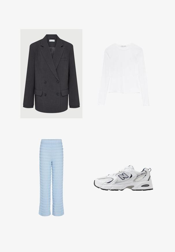 Sivi dvoredni sako s revere ovratnikom, dva prednja džepa i teksturiranom tkaninom. Ima crne dugmadi i glatku unutarnju podstavu.; Bijela majica dugih rukava s okruglim izrezom. Ima uski kroj, glatku teksturu tkanine i malo skraćeni rub.; Svijetloplave hlače s teksturom imaju horizontalni uzorak pruga, elastičnu waist band i slobodan kroj s ravnim nogavicama. Izrađene su od mekog materijala.; Bijela atletska cipela s mrežastim gornjim dijelom, mornarskim akcentima i podstavljenim potplatom. Sadrži "N" logo, vezice i teksturirani detalj sa strane.