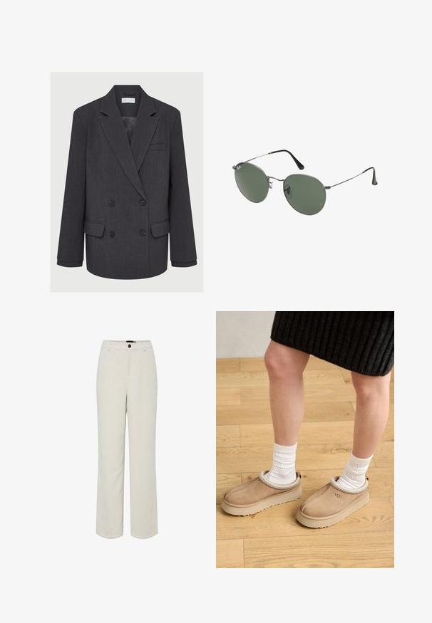 Grijze dubbelgeknoopte blazer met gekartelde revers, twee voorkezen en een gestructureerde stof. Voorzien van zwarte knopen en een gladde binnenvoering.; Witte lange mouwtop met een ronde halslijn. Heeft een aansluitend ontwerp, een gladde stoftextuur en een iets cropped zoomlijn.; Pieces PCEFFI WIDE PANT - Broek - egret; Bruine suede instapschoenen met een gestructureerde, lichtgekleurde kraag. Rubberen zool met een patroon van grip, gedragen met witte geribbelde sokken.; Metalen zonnebril met ovale groene lenzen. Dunne zilveren metalen rand en zwarte oorstoppers. Minimalistisch ontwerp, zonder zichtbare logo's.