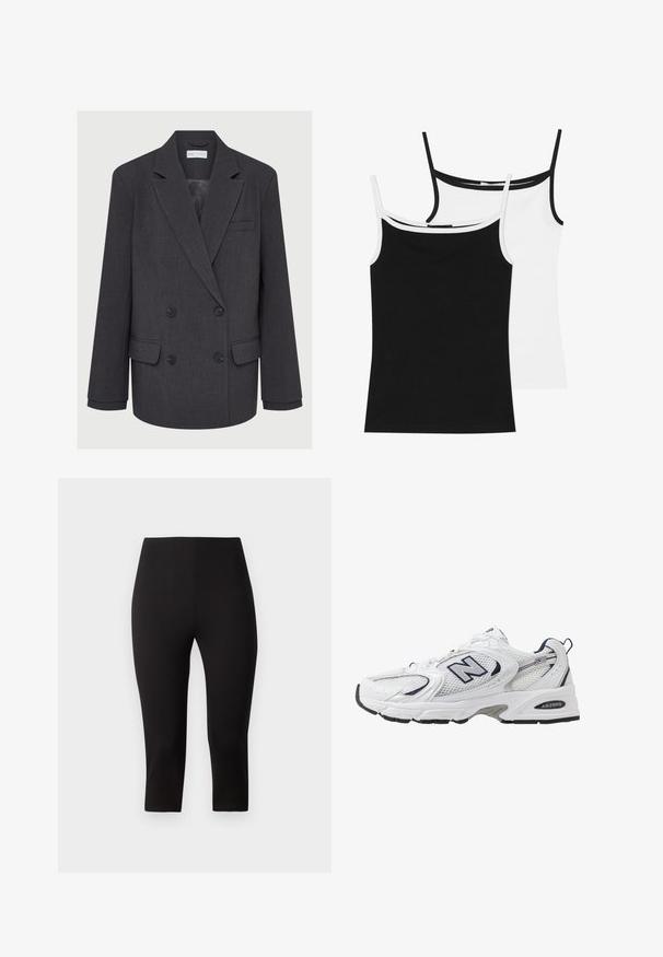 Blazer cinza de doube peito com lapelas recortadas, dois bolsos frontais e tecido texturizado. Apresenta botões pretos e um forro liso.; Dois tops de alças: um preto e um branco. Ambos apresentam alças finas e um acabamento contrastante na gola. Feitos de um tecido suave e elástico.; Leggings pretos de cintura alta, comprimento curto, feitos de um material elástico, textura suave, sem padrões visíveis ou detalhes em hardware.; Shoe atlético branco com parte superior de malha, detalhes em azul-marinho e sola almofadada. Apresenta o logótipo "N", atacadores e detalhe texturizado na lateral.