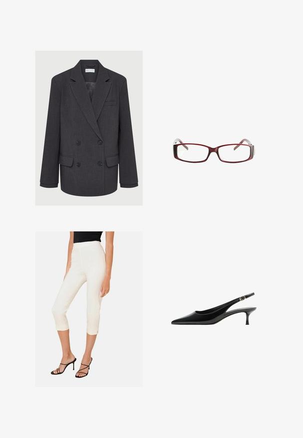 Szary dwurzędowy blezer z wyłogami, dwoma przednimi kieszeniami i teksturowanym materiałem. Posiada czarne guziki i gładką podszewkę.; Czarna koszulka z krótkim rękawem, z wysokim kołnierzem i zamkiem błyskawicznym z tyłu. Wykonana z gładkiego materiału o minimalistycznym wzornictwie i bez widocznych wzorów.; Białe spodenki w fasonie cropped o dopasowanym kroju i bocznych rozcięciach na dole, w połączeniu z czarnymi sandałami na wysokim obcasie. Gładka tkanina o połyskliwej fakturze.; Czarne lakierowane czółenka na odkrytej pięcie z ostro zakończonym noskiem, smukłym obcasem i akcentem w postaci klamry na pasku. Gładka faktura i elegancki design.; Czerwone prostokątne okulary z eleganckim designem. Przezroczyste soczewki, lekko przezroczyste zauszniki oraz efekt gradientu od czerwonego do szarego.