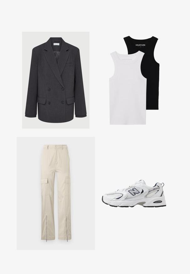 Sivý dvojradový blazer s výstrihom do "notched lapels", dvoma prednými vreckami a textúrovanou látkou. Obsahuje čierne gombíky a hladkú vnútornú podšívku.; Dve priliehavé tielka v čiernej a bielej farbe. Vyrobené z rebrovanej bavlny, majú široké ramienka a okrúhle výstrihy. Značka na golieri.; Béžové cargo nohavice so uvoľneným strihom, ktoré majú bočné vrecká, zipsy na spodnej časti nohavíc a hladkú textúru. Materiál je ľahký a odolný.; Biele športové topánky s priedušným vrchným materiálom, námorníckymi akcentmi a polstrovanou podrážkou. Obsahujú logo "N", šnúrky a textúrovaný detail na boku.